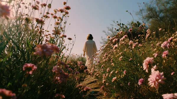 Golden Hour Stroll Through a Pink Flower Field Landscape - HD Wallpaper, 4k Background Image