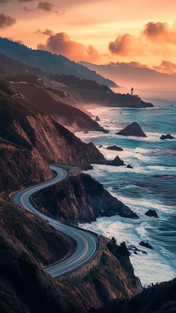 Sunset Coastal Road: Dramatic Cliffs and Lighthouse View - HD Wallpaper, 4k Background Image