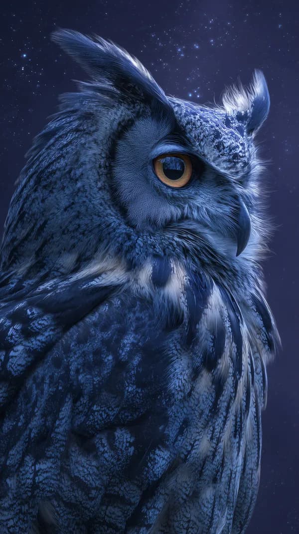 Blue Night Owl Close-Up - Fantasy Nature Wallpaper Artwork - HD Wallpaper, 4k Background Image