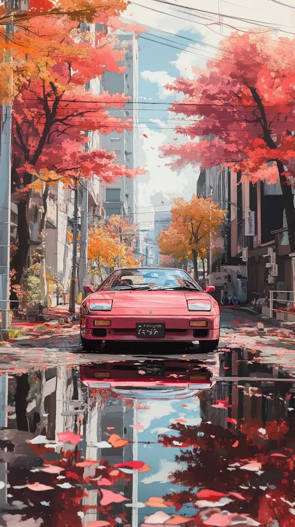 Vibrant Autumn Street Scene with Pink Sports Car in Cityscape - HD Wallpaper, 4k Background Image