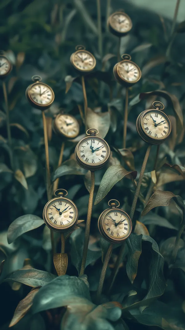 Dreamy garden of antique pocket watches among lush foliage - HD Wallpaper, 4k Background Image