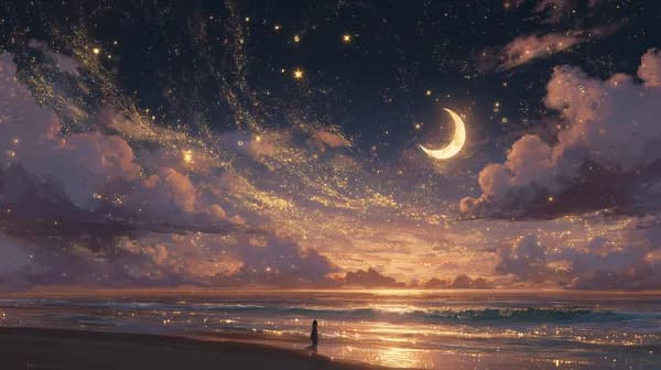 Dreamy Night Shore: Crescent Moon and Starry Ocean Glow - HD Wallpaper, 4k Background Image