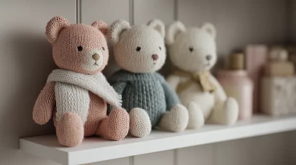 Soft Knitted Teddy Bears on a Shelf in Pastel Nursery Wallpaper - HD Wallpaper, 4k Background Image
