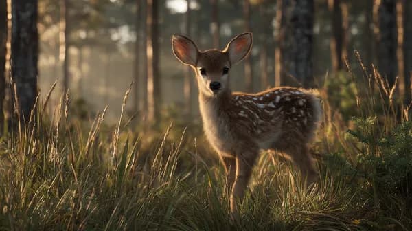 Golden Hour Fawn in Forest with Dappled Sunlight and Mystery - HD Wallpaper, 4k Background Image