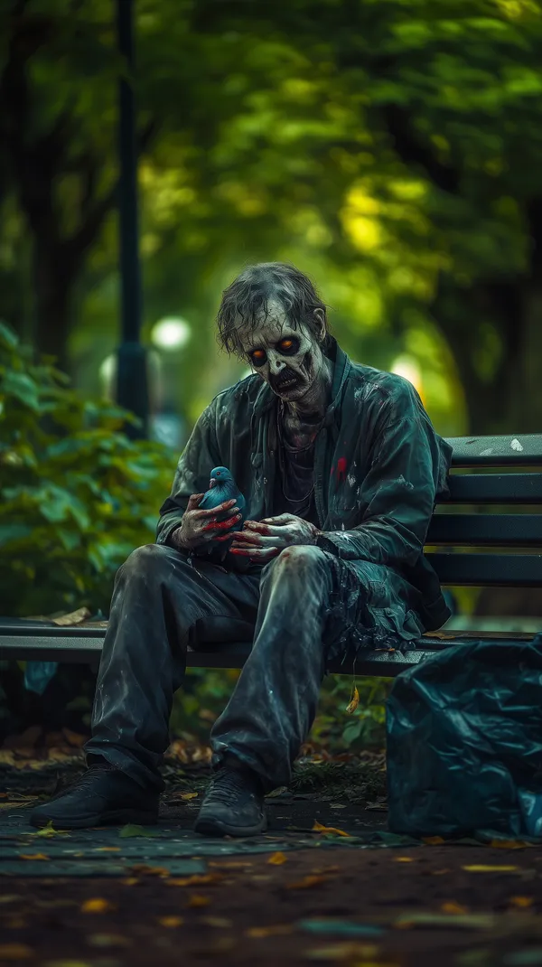 Haunting Park Zombie with Pigeon in Moody Nightscape - HD Wallpaper, 4k Background Image