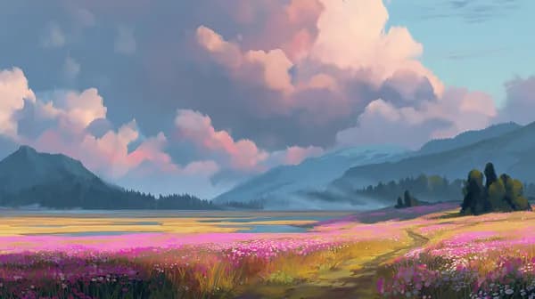 Dreamy Pink Meadow Landscape - Serene Sunset Mountain View - HD Wallpaper, 4k Background Image