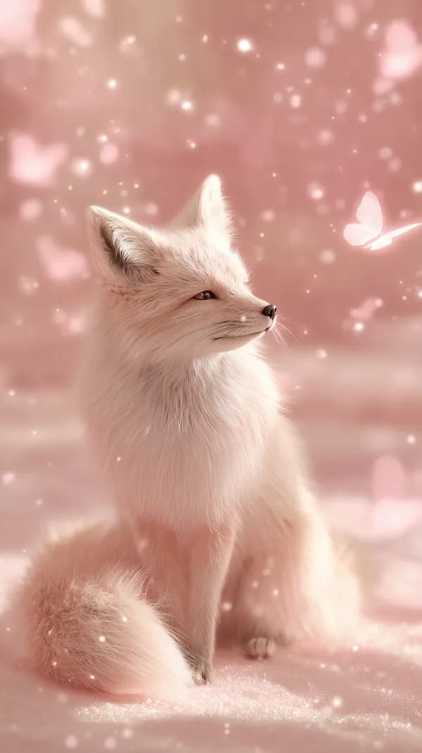 Dreamy Pink Fox Cub with Butterfly in Soft Bokeh Glow - HD Wallpaper, 4k Background Image