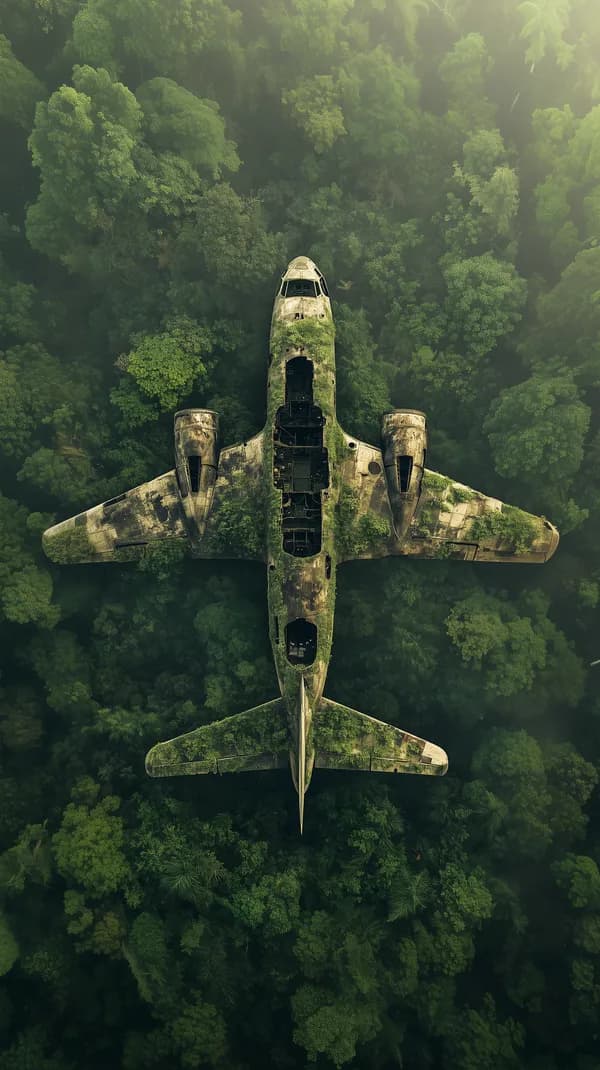 Overgrown Aircraft Wreck in Dense Jungle – Aerial View - HD Wallpaper, 4k Background Image