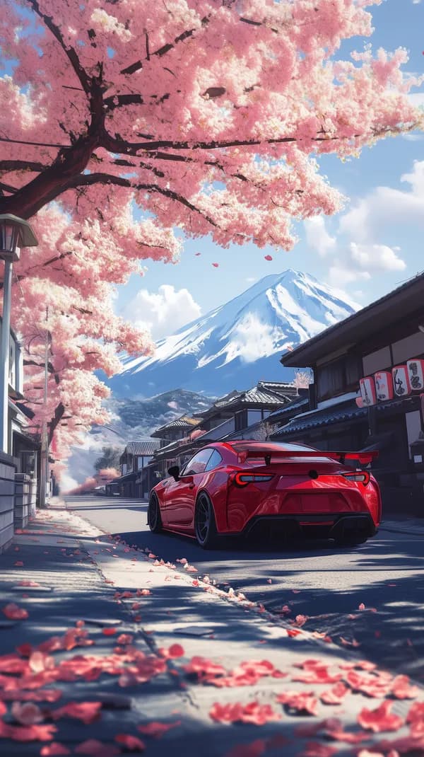 Red Sports Car Beneath Pink Cherry Blossoms in Scenic Mountain Town - HD Wallpaper, 4k Background Image