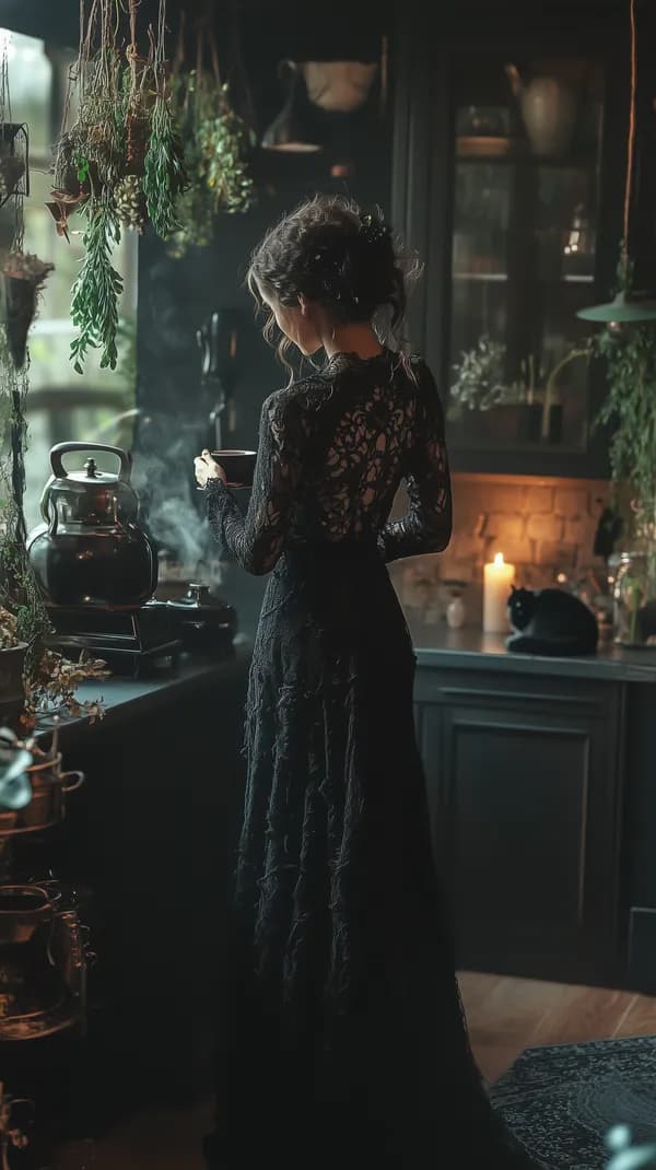 Moody Gothic Kitchen Scene with Lace Dress Woman at Dusk - HD Wallpaper, 4k Background Image