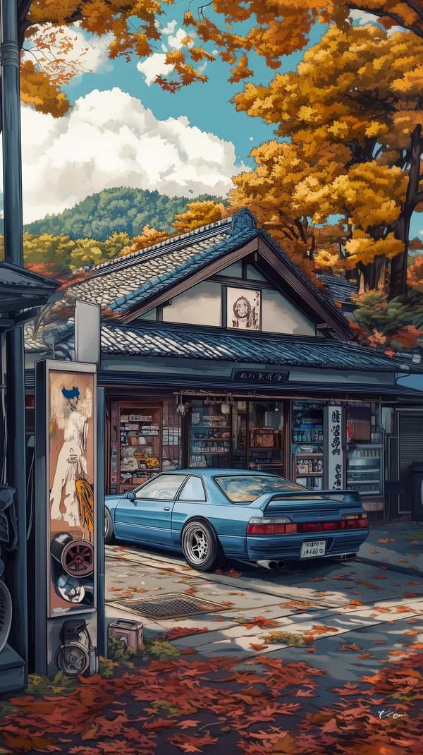 Autumn Street Scene: Blue Sports Car beside a Traditional Shop - HD Wallpaper, 4k Background Image