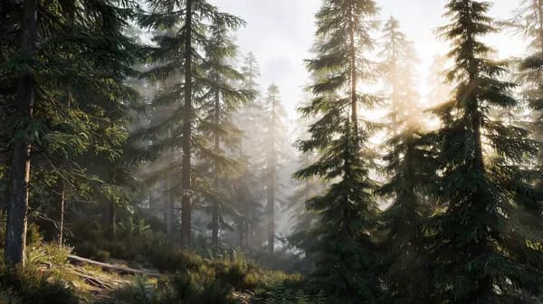 Tranquil Morning Forest: Sunlight Through Misty Pines - HD Wallpaper, 4k Background Image