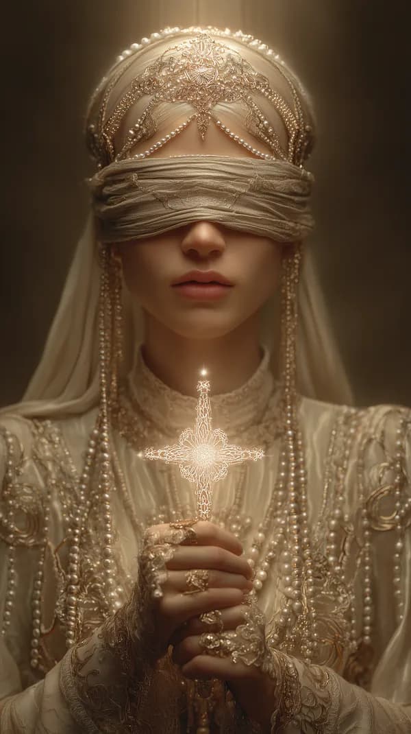 Ethereal Golden Bride with Pearl Veil and Glowing Cross Pendant - HD Wallpaper, 4k Background Image