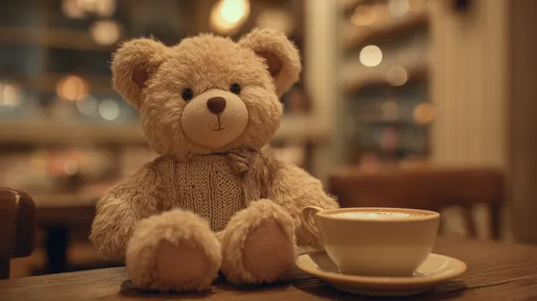 Cozy Teddy Bear in a Warm Café – Soft Lighting Wallpaper - HD Wallpaper, 4k Background Image
