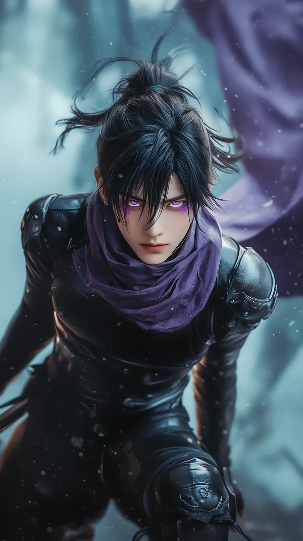 Intense Anime-Style Ninja Warrior in Snowy Nightscape - HD Wallpaper, 4k Background Image