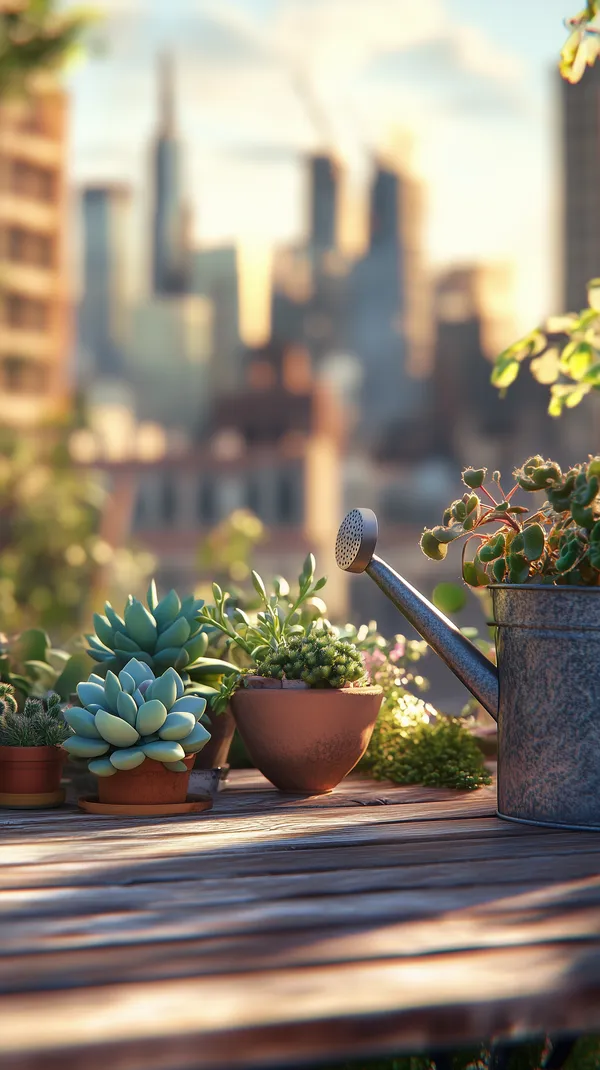 Sunny Rooftop Garden with Lush Succulents and Vintage Watering Can - HD Wallpaper, 4k Background Image