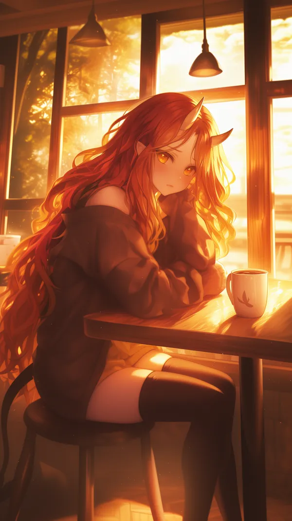 Cozy Sunset Café: Anime-Style Horned Girl in Warm Glow - HD Wallpaper, 4k Background Image