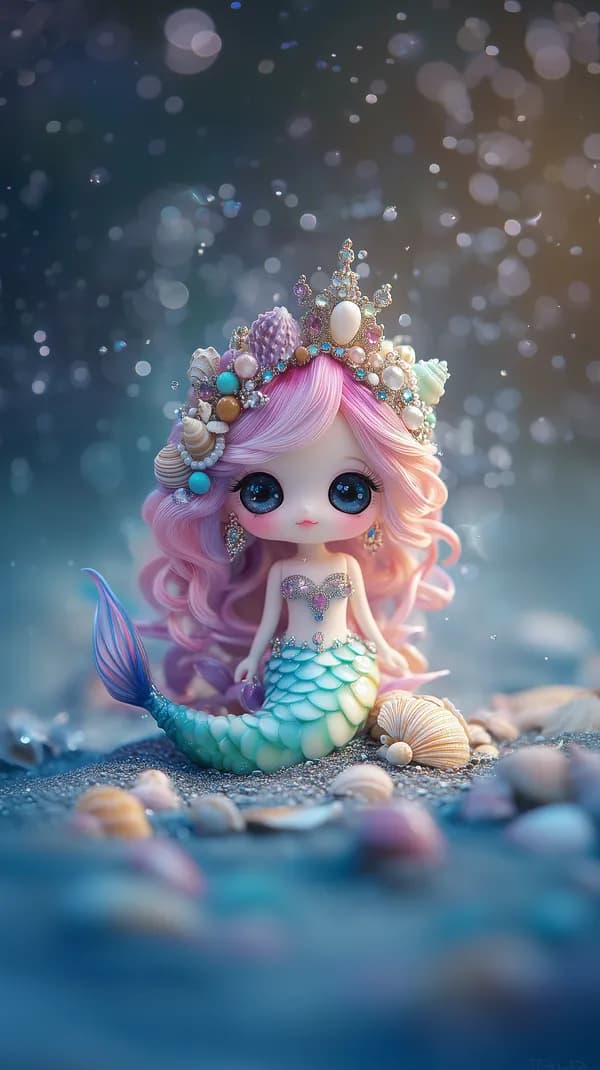 Pastel Mermaid Doll with Jewel Crown - Dreamy Undersea Scene - HD Wallpaper, 4k Background Image