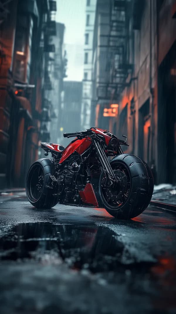 Red Futuristic Sport Motorcycle in Neon Rainy City Alley - Wallpaper - HD Wallpaper, 4k Background Image