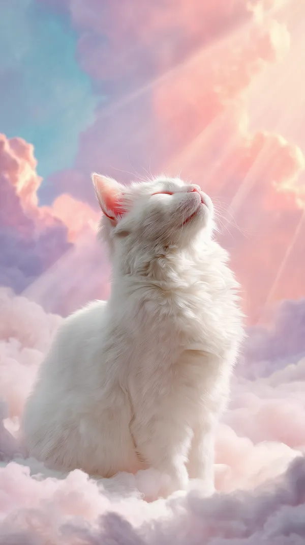 Pastel Cloudscape Cat Wallpaper: Dreamy White Feline in Sky - HD Wallpaper, 4k Background Image