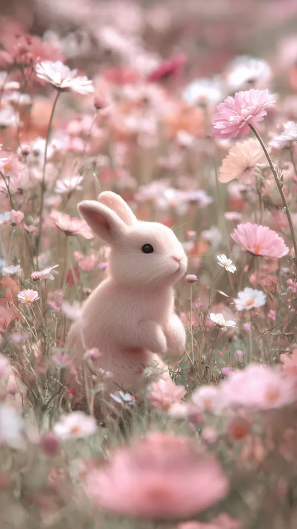Pastel Bunny in a Dreamy Pink Flower Field Wallpaper Scene - HD Wallpaper, 4k Background Image