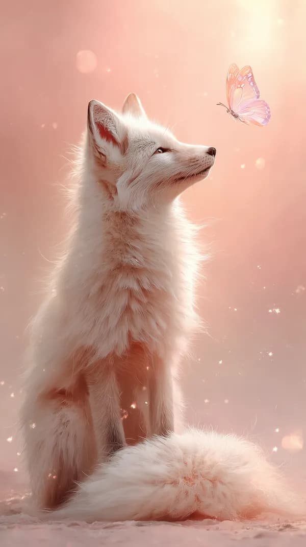 Soft Pink Glow: White Fox with Butterfly Wallpaper - HD Wallpaper, 4k Background Image