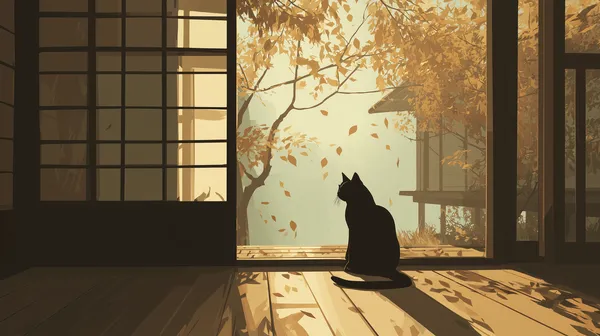 Golden Autumn Cat Silhouette in Tranquil Doorway Scene - HD Wallpaper, 4k Background Image