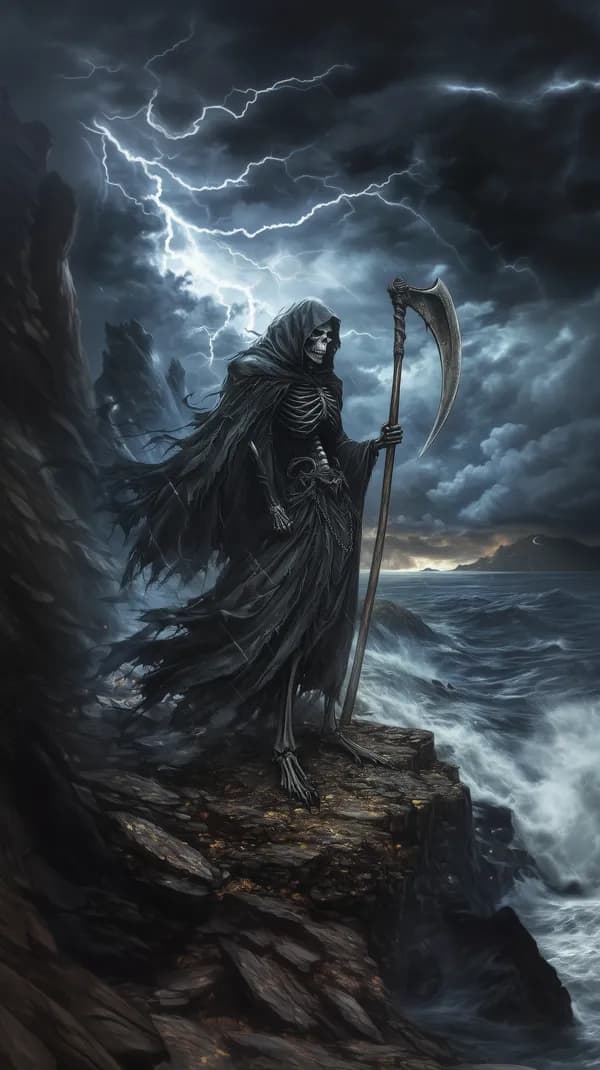 Stormy Cliffside Grim Reaper with Scythe and Lightning - HD Wallpaper, 4k Background Image