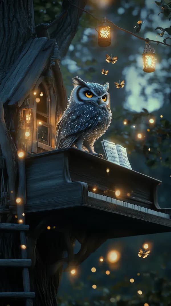 Enchanting owl on a moonlit piano in a magical forest - HD Wallpaper, 4k Background Image