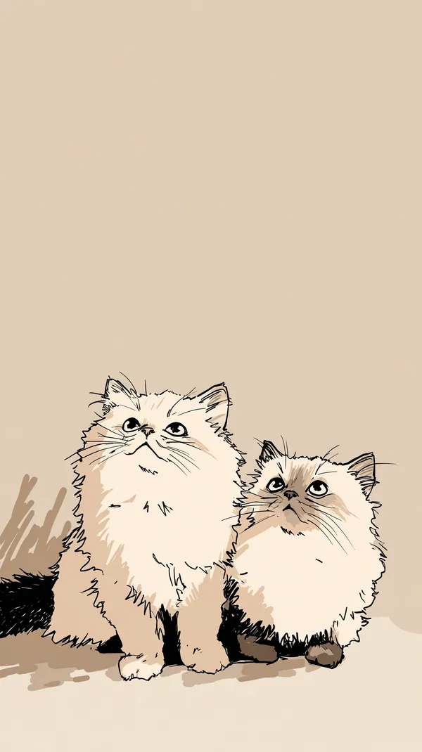 Two Fluffy Cats Illustration on Beige Background - Cute Wall Art - HD Wallpaper, 4k Background Image