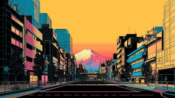 Neon City Street at Sunset with Mountain Backdrop Artwork - HD Wallpaper, 4k Background Image