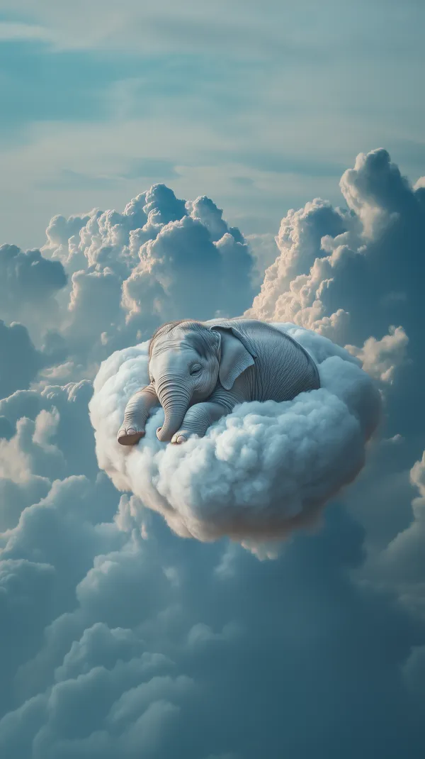 Dreamy Cloud Bed: Baby Elephant Resting in Sky Realm - HD Wallpaper, 4k Background Image