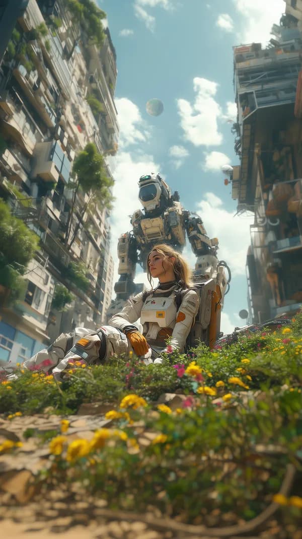 Dreamy Futuristic Cityscape with Astronaut and Giant Mech - HD Wallpaper, 4k Background Image