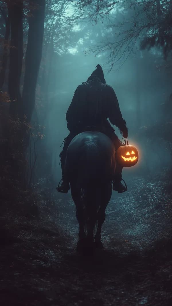 Moonlit Forest Rider on Horse with Glowing Pumpkin Lantern - HD Wallpaper, 4k Background Image