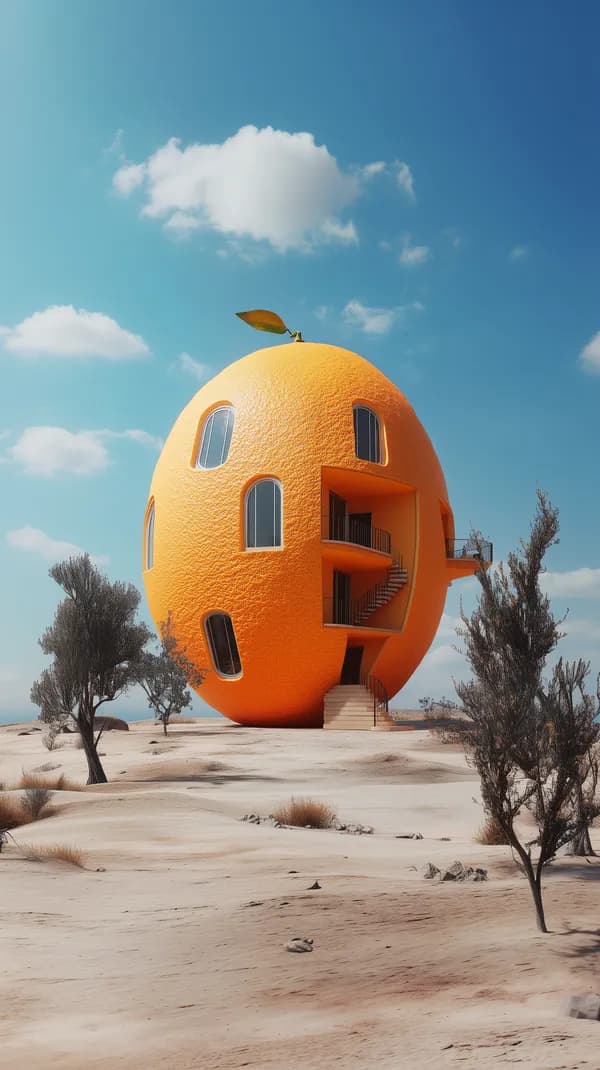 Surreal Orange Spherical House in Desert Landscape Wallpaper - HD Wallpaper, 4k Background Image