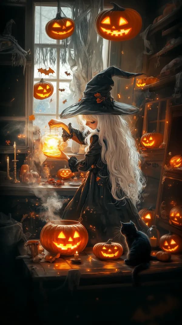 Whimsical Witch in Halloween Pumpkin Glow - Fantasy Wallpaper - HD Wallpaper, 4k Background Image