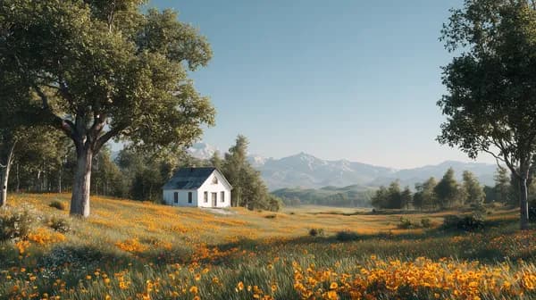 Idyllic countryside meadow with a white farmhouse and mountains - HD Wallpaper, 4k Background Image