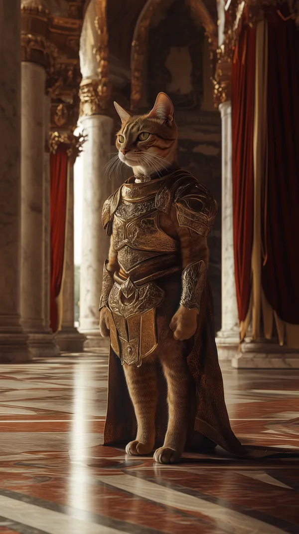 Elegant Fantasy Cat Knight in Ornate Golden Armor in a Grand Hall - HD Wallpaper, 4k Background Image