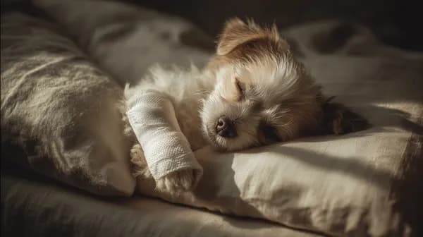 Serene Sleep: Small Dog Resting on Plush Bed with Bandaged Leg - HD Wallpaper, 4k Background Image