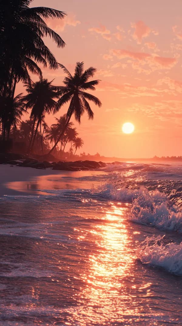 Tropical Sunset Beach Wallpaper with Palm Trees and Waves - HD Wallpaper, 4k Background Image
