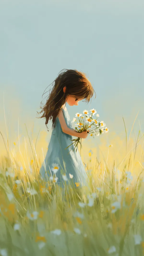 Dreamy Field Moment: Girl in Blue Dress with Daisies - HD Wallpaper, 4k Background Image