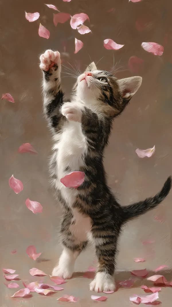 Playful Kitten Reaching for Petals - Soft Painterly Wallpaper - HD Wallpaper, 4k Background Image