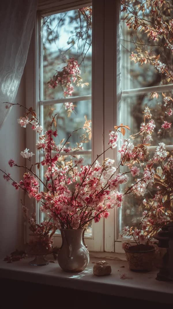 Dreamy Cherry Blossom Window Vase in Soft Morning Light - HD Wallpaper, 4k Background Image