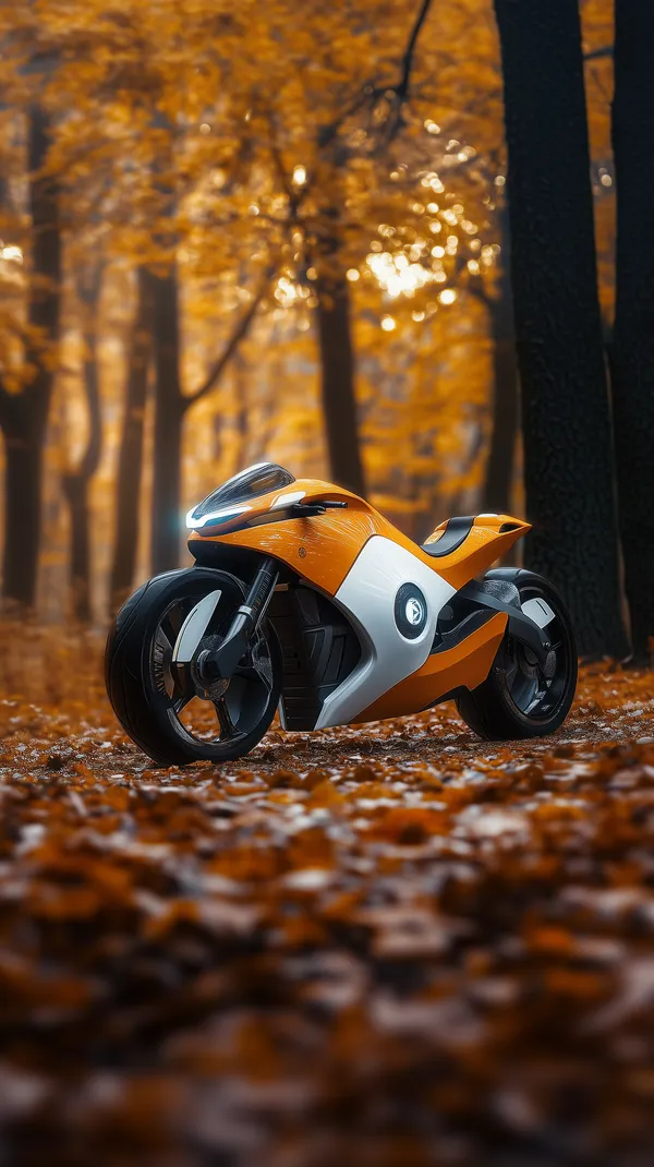 Futuristic Orange Motorcycle in Autumn Forest Landscape - HD Wallpaper, 4k Background Image