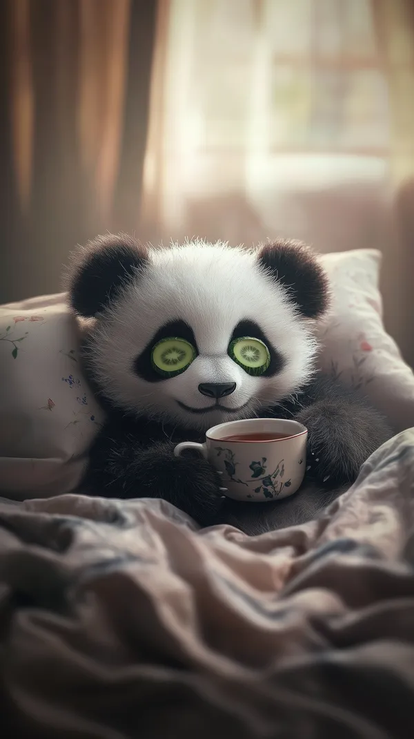 Cozy panda plush with cucumber eyes sipping tea at dawn - HD Wallpaper, 4k Background Image