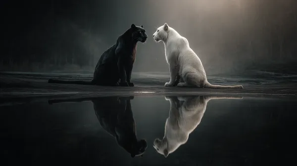 Moody Black and White Cats Facing Each Other by Reflection - HD Wallpaper, 4k Background Image