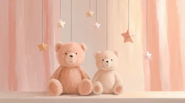 Pastel Teddy Bears Wallpaper with Hanging Stars for Nursery - HD Wallpaper, 4k Background Image
