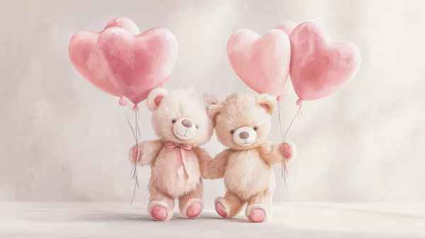 Whimsical Teddy Bears with Pink Heart Balloons — Soft Pastel Wall Art - HD Wallpaper, 4k Background Image