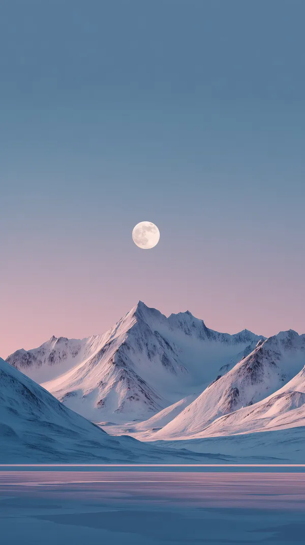 Tranquil Snowy Mountain Moonrise Wallpaper with Pastel Sky - HD Wallpaper, 4k Background Image