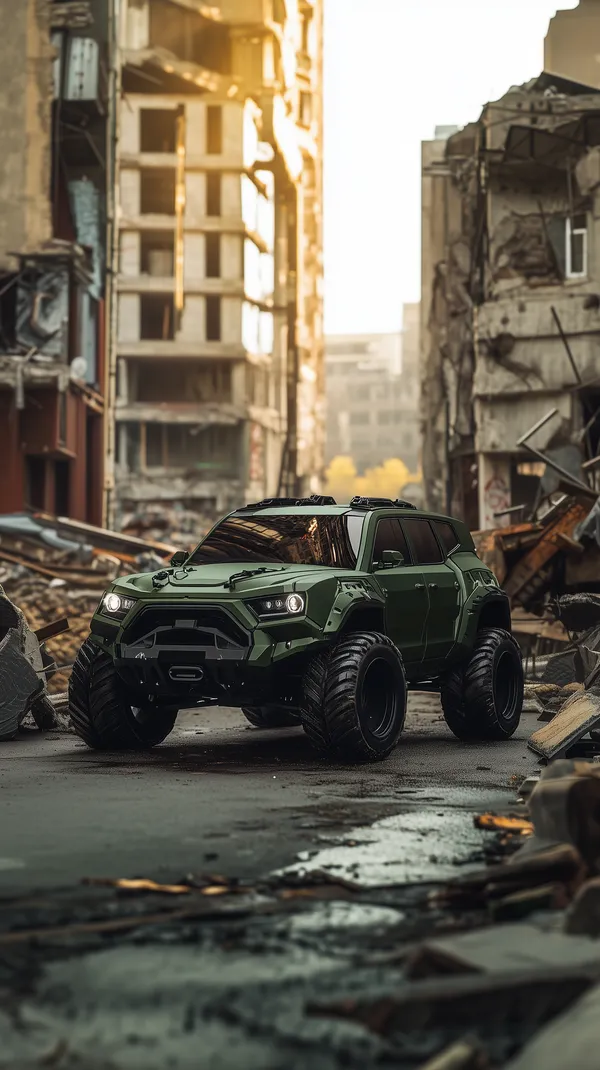 Rugged Green Off-Road SUV in a Ruined City Wallpaper - HD Wallpaper, 4k Background Image